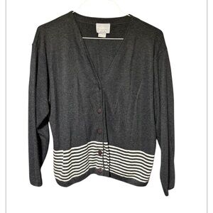 Jacqueline Smith Vintage Button-Up Cardigan Sweater Size M Gray with Striped Hem